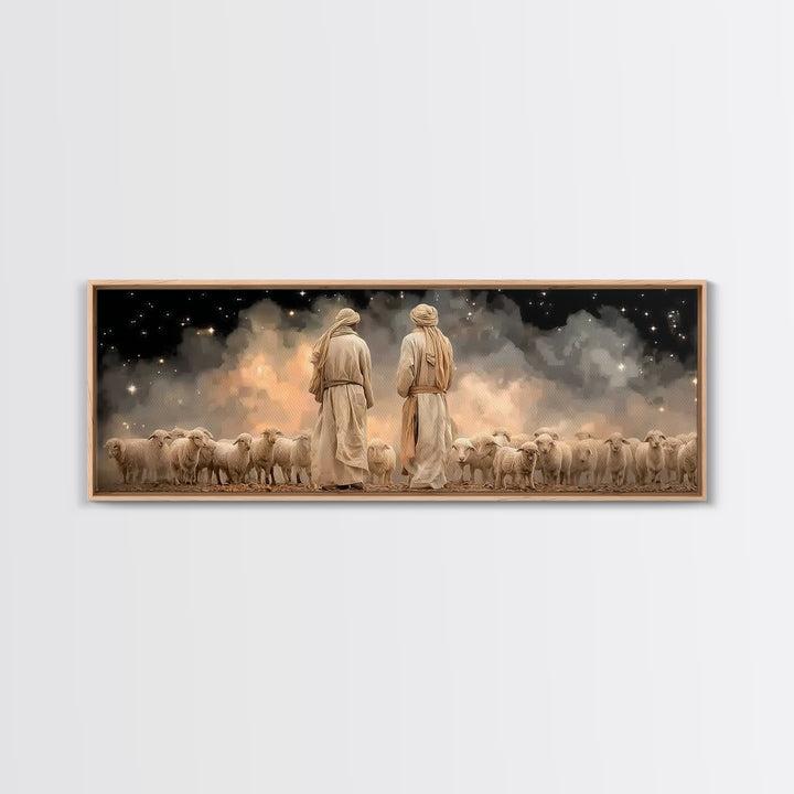 Starry Shepherd Watch – Framed Canvas Print – Panoramic Art – Christian Wall Art – Christian Art Canvas – Christmas Art – Jesus Painting