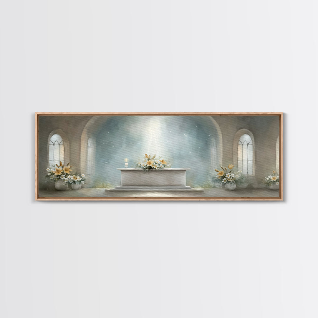 Radiant Sanctuary – Framed Canvas Print – Panoramic Frame – Christian Art Canvas – Christian Wall Art – Christmas Art – Christian Christmas