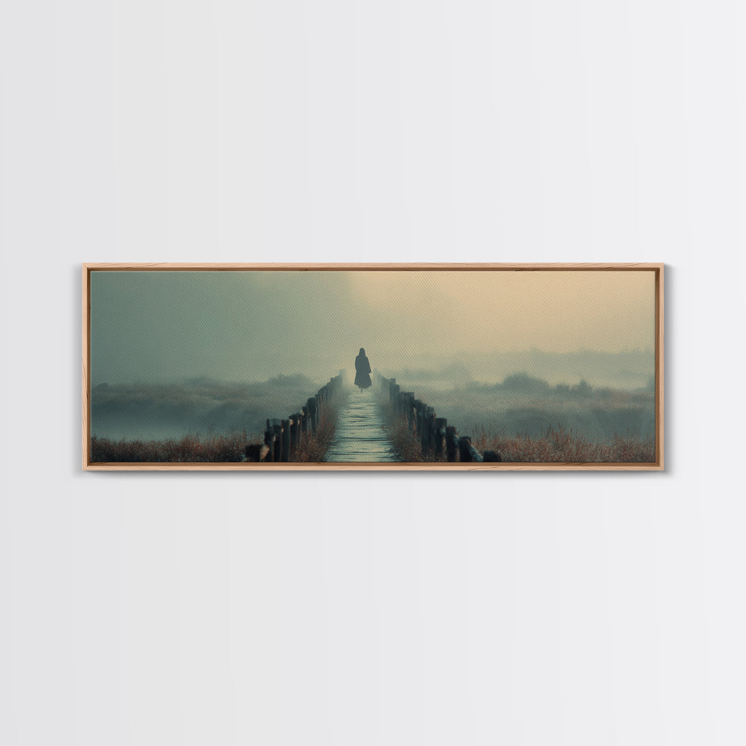 Misty Bridge Journey | Framed Canvas Print | Christian Wall Art | Jesus Painting | Panoramic Art | Christian Art Canvas | Christmas Art