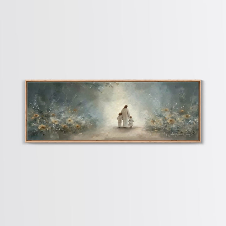 Golden Meadow Grace, Framed Canvas Print, Panoramic Wall Art, Christian Art Canvas, Jesus Painting, Christian Christmas Art, Christian Art