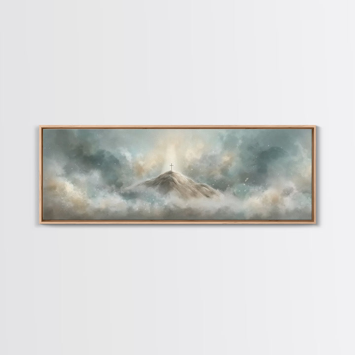 Peaceful Crossrise, Framed Canvas Print, Christian Art Print, Panoramic Painting, Christian Wall Art, Subtle Christian Art, Christian Gift