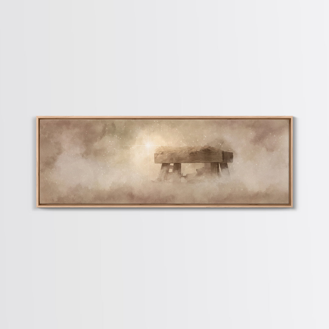 Manger Light Glory, Framed Canvas Print, Christian Art Canvas, Christian Wall Art, Panoramic Painting, Christmas Art Prints, Christian Deco