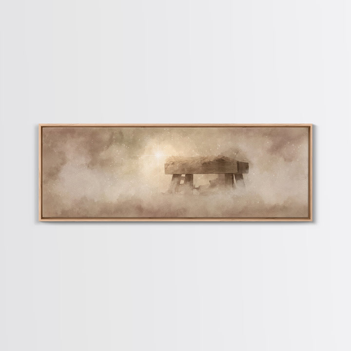 Manger Light Glory, Framed Canvas Print, Christian Art Canvas, Christian Wall Art, Panoramic Painting, Christmas Art Prints, Christian Deco