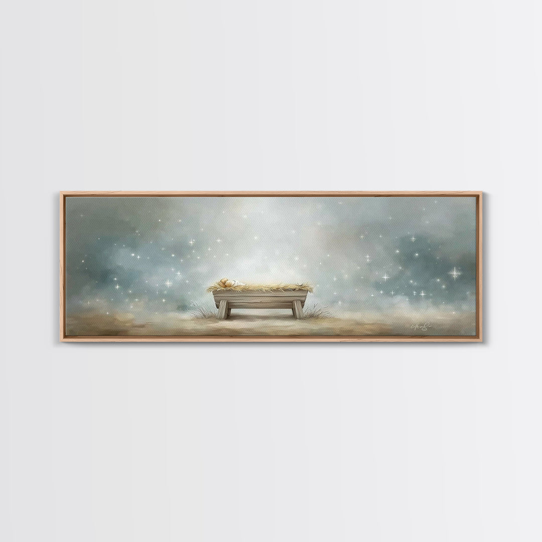 Starry Night Manger, Framed Canvas Print, Christian Christmas Art, Panoramic Art, Christian Wall Art, Jesus Painting