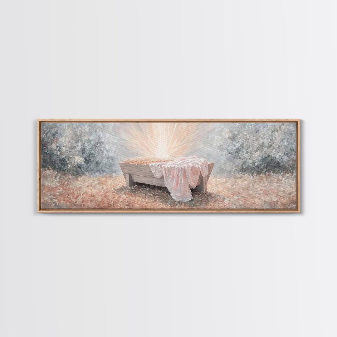 Radiant Manger Joy | Framed Canvas Print | Christian Art Canvas | Panoramic Wall Art | Christmas Wall Art | Christian Decor