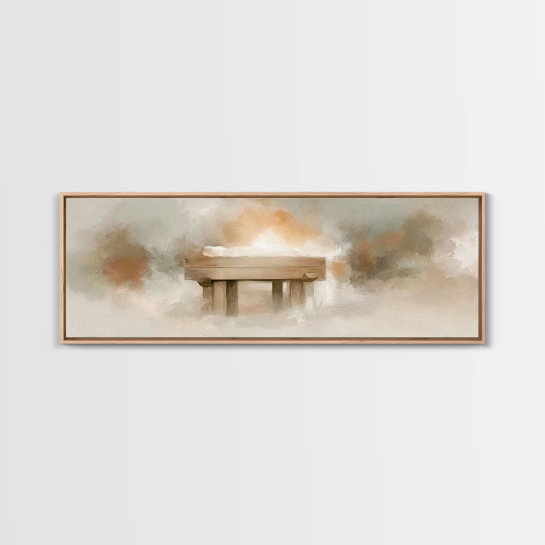 Humble Birth Glow - Framed Canvas Print - Christian Wall Art - Panoramic Painting - Christian Gift - Jesus Painting