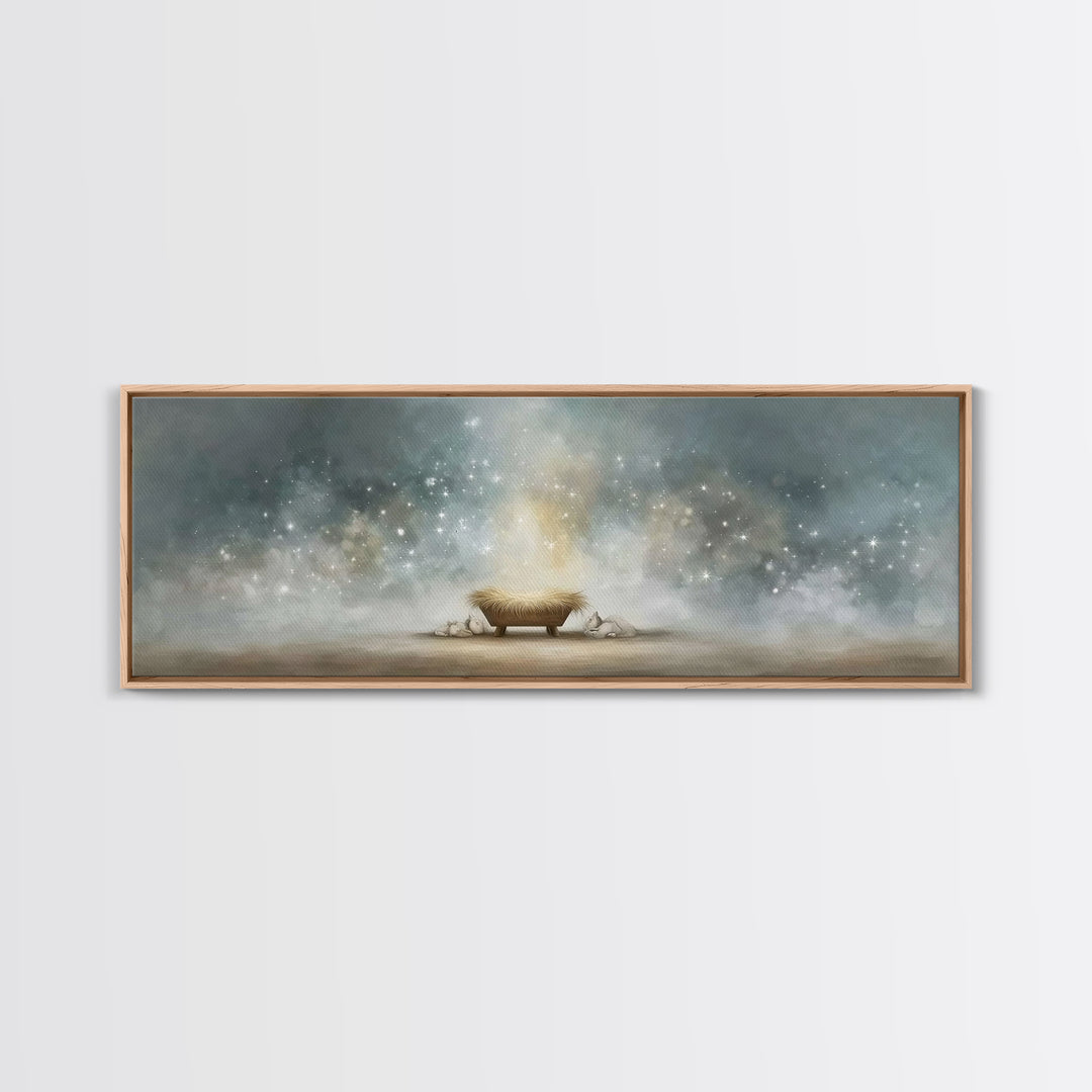 Heavenly Cradle Light, Framed Canvas Print, Panoramic Art, Christian Wall Art, Christmas Art Prints, Christian Art Canvas