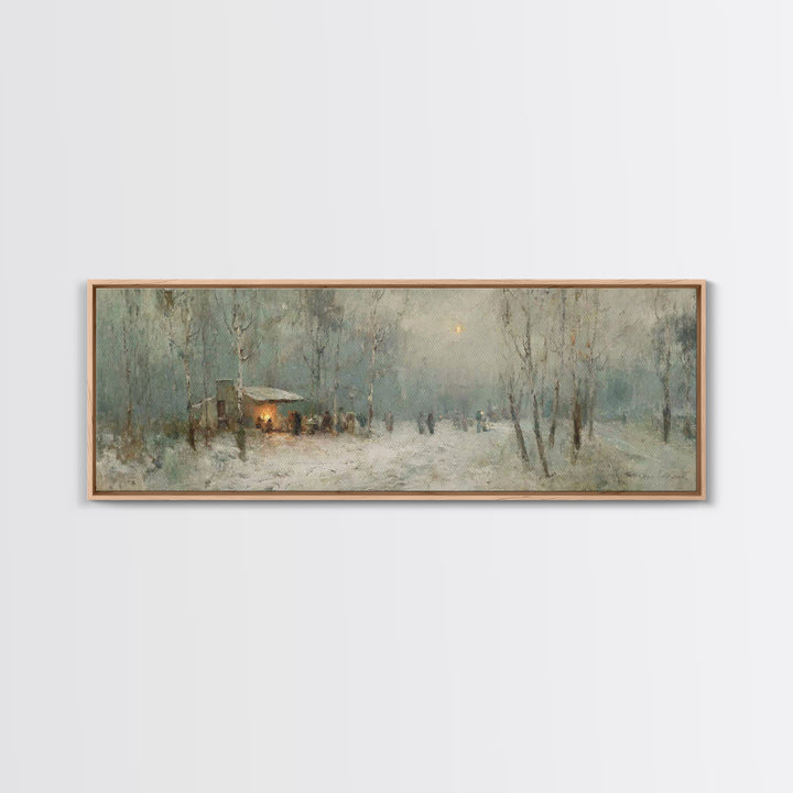 Winter Gathering Glow | Framed Canvas Print | Christian Wall Art | Panoramic Print | Christmas Art | Christian Gift Ideas