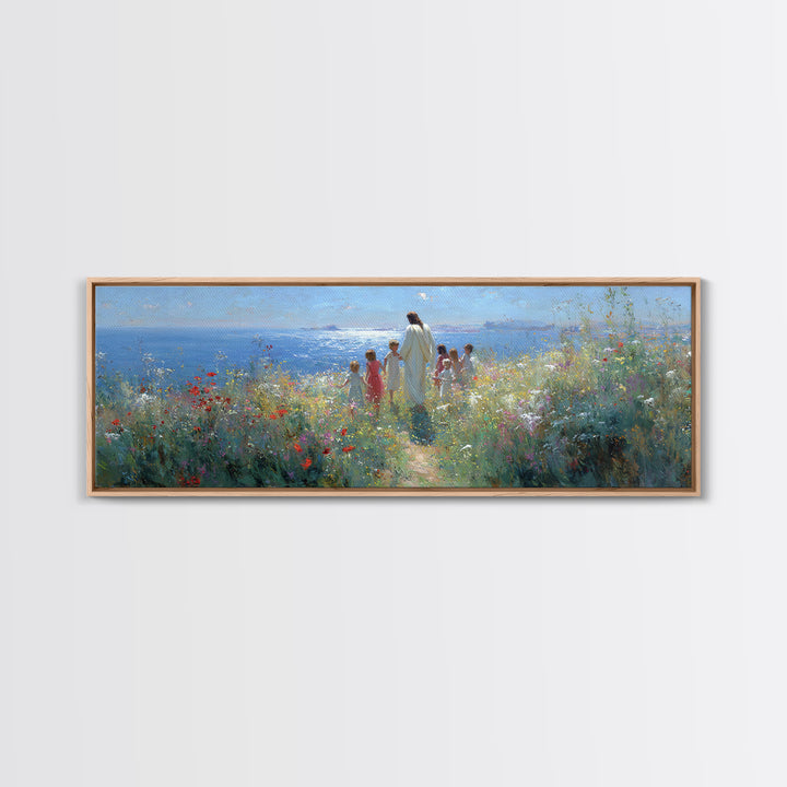 Gentle Dawn Presence | Framed Canvas Print | Christian Wall Art | Panoramic Painting | Christian Art Print | Jesus Painting