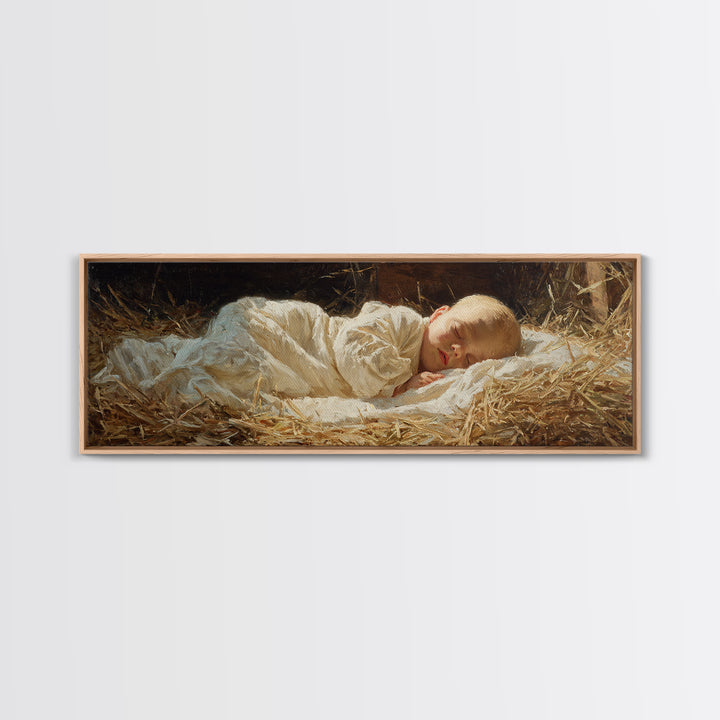 Manger Peace Glow | Framed Canvas Print | Panoramic Painting | Christian Christmas Art | Jesus Art Print | Christmas Wall Art