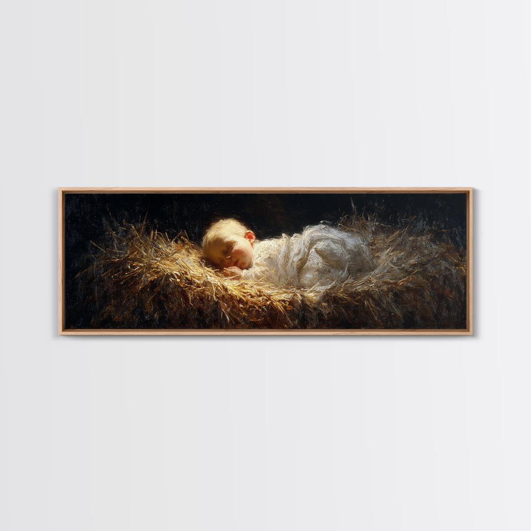 Divine Infant Rest - Framed Canvas Print - Christian Christmas Art - Panoramic Art - Christmas Wall Art - Jesus Painting