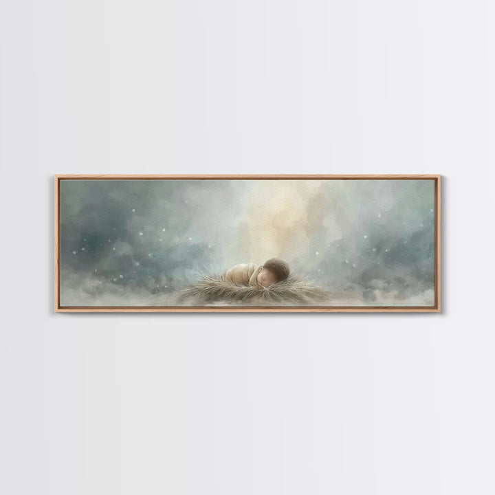 Heaven’s Gentle Gift – Framed Canvas Print – Panoramic Art – Christian Christmas Art – Christian Wall Art – Jesus Art Print