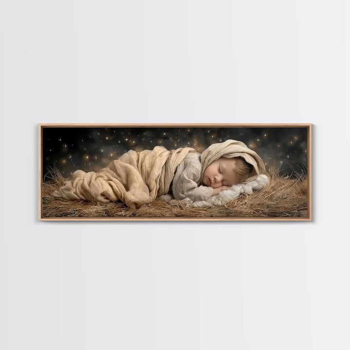 Silent Manger Peace | Framed Canvas Print | Christian Art Canvas | Christmas Wall Art | Jesus Christmas Art | Panoramic Painting | Christia