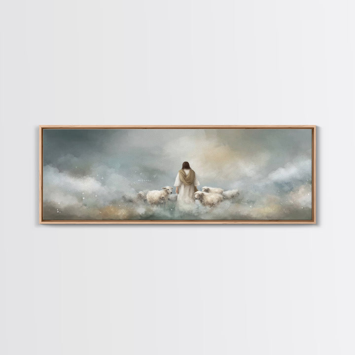The Gentle Shepherd, Framed Canvas Print, Christian Art Canvas, Jesus Painting, Christian Wall Art, Panoramic Painting, Christian Gift Idea