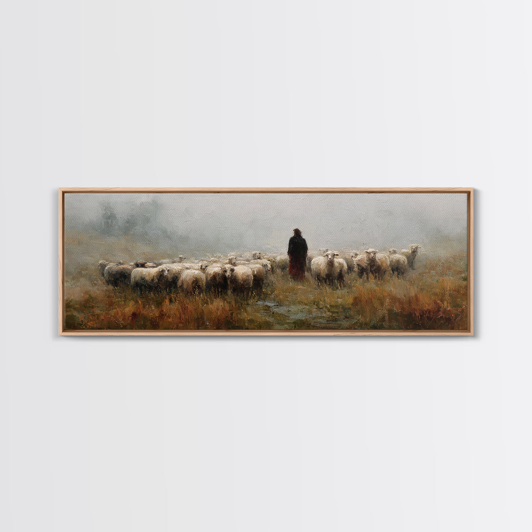 Fields Of His Care – Framed Canvas Print – Christian Art Print – Christian Wall Art – Jesus Painting – Panoramic Wall Art – Christian Chris