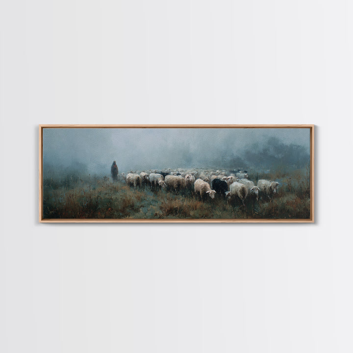 Morning Flock Grace – Framed Canvas Print – Christian Wall Art – Christian Art Canvas – Pastoral Scenery – Panoramic Art – Christian Gift I