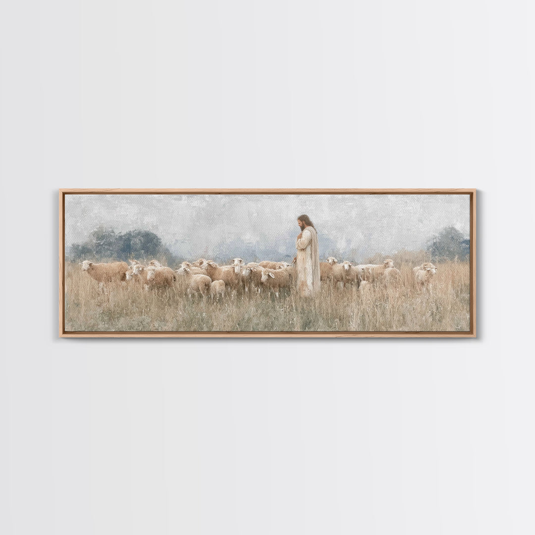 Gentle Shepherd Light | Framed Canvas Print | Panoramic Art | Christian Wall Art | Jesus Painting | Christmas Art