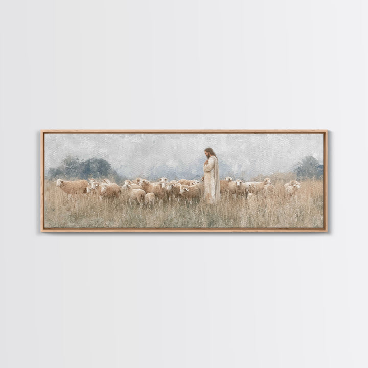 Gentle Shepherd Light | Framed Canvas Print | Panoramic Art | Christian Wall Art | Jesus Painting | Christmas Art