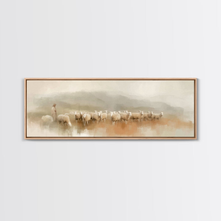 Morning Shepherd Peace, Framed Canvas Print, Panoramic Print, Christian Wall Art, Jesus Painting, Christmas Art