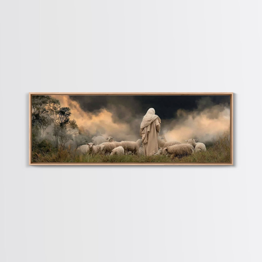 Shepherd’s Calm Dawn – Framed Canvas Print – Panoramic Art – Christian Art – Jesus Painting – Christmas Wall Art