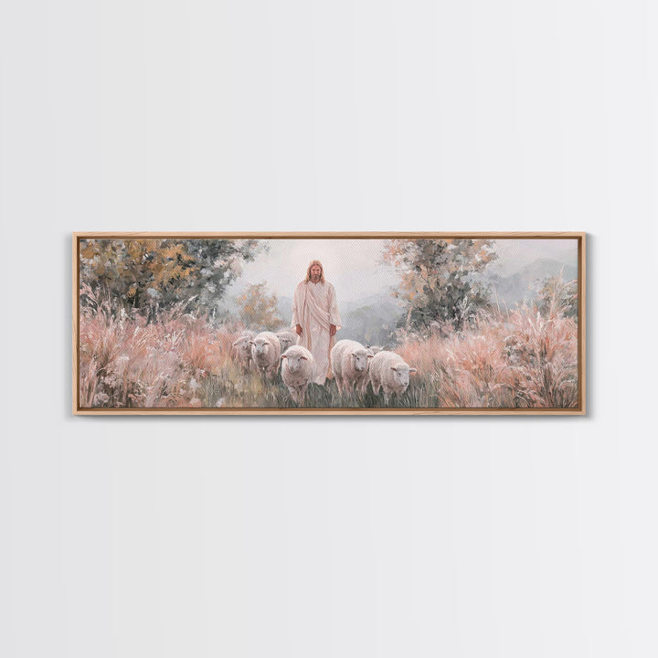Everlasting Pasture, Framed Canvas Print, Panoramic Wall Art, Christian Art Canvas, Jesus Painting, Christmas Art