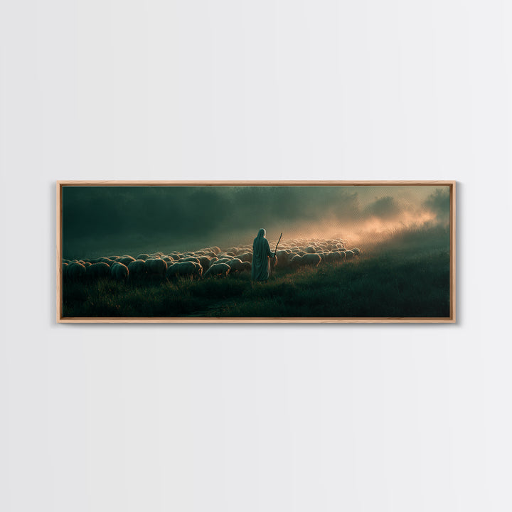 Shepherd’s Gentle Path | Framed Canvas Print | Panoramic Frame | Christian Art | Jesus Painting | Christmas Art