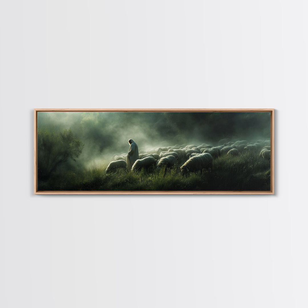 Haven Of The Shepherd, Framed Canvas Print, Panoramic Art, Christian Art Canvas, Jesus Painting, Christmas Decor