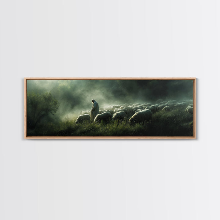 Haven Of The Shepherd, Framed Canvas Print, Panoramic Art, Christian Art Canvas, Jesus Painting, Christmas Decor