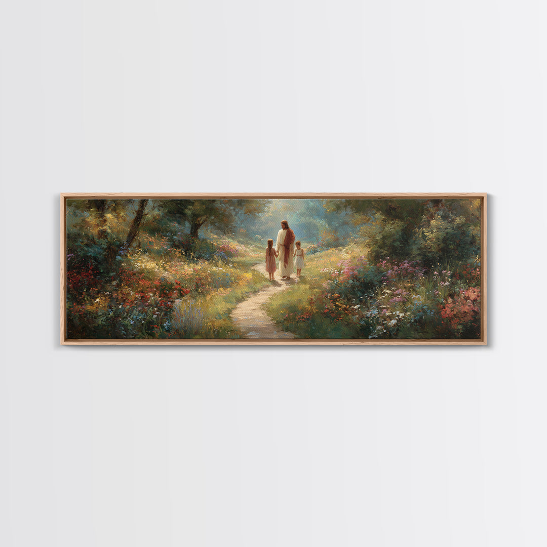 Sunlit Garden Peace – Framed Canvas Print – Panoramic Art – Jesus Painting – Christian Wall Art – Christian Art Print