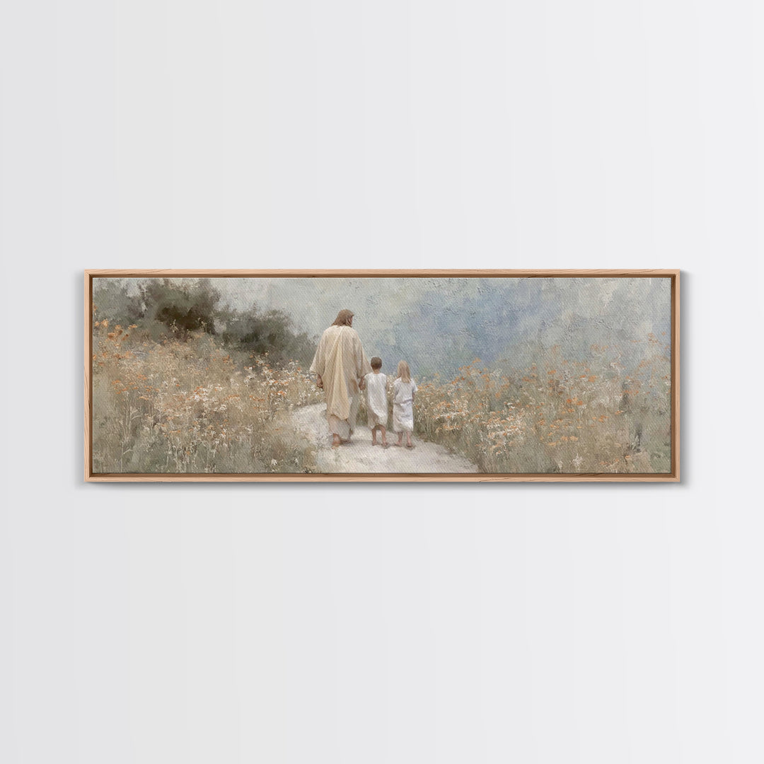 Quiet Meadow Journey, Framed Canvas Print, Panoramic Wall Art, Christian Art Print, Jesus Painting, Christian Art