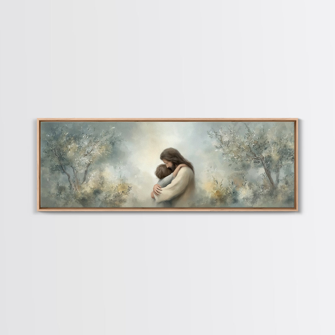 Olive Grove Calm | Framed Canvas Print | Christian Art Canvas | Jesus Painting | Panoramic Art | Christian Wall Art | Christian Gift Ideas