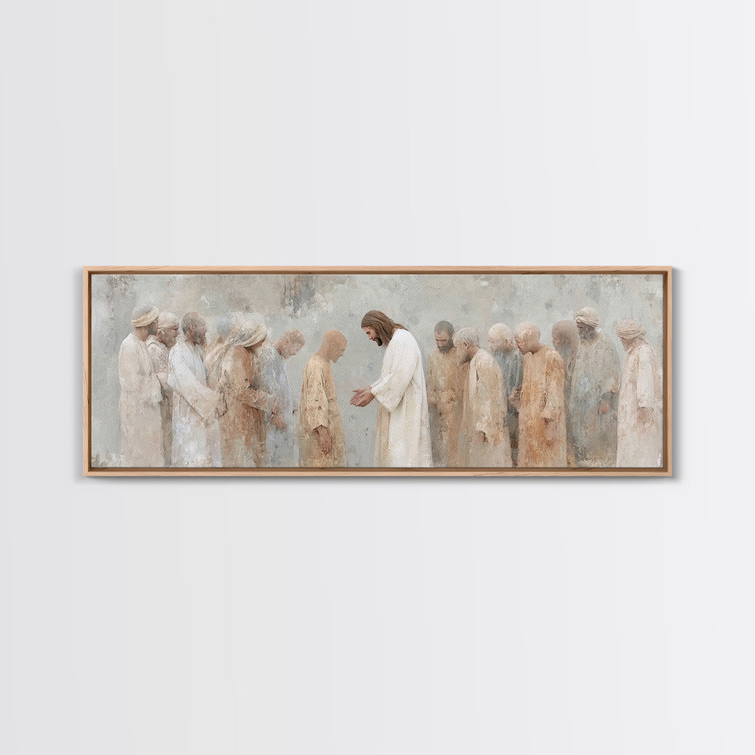 Healing At Dawn, Framed Canvas Print, Christian Art Canvas, Christian Wall Art, Panoramic Frame, Jesus Painting, Christian Art Print