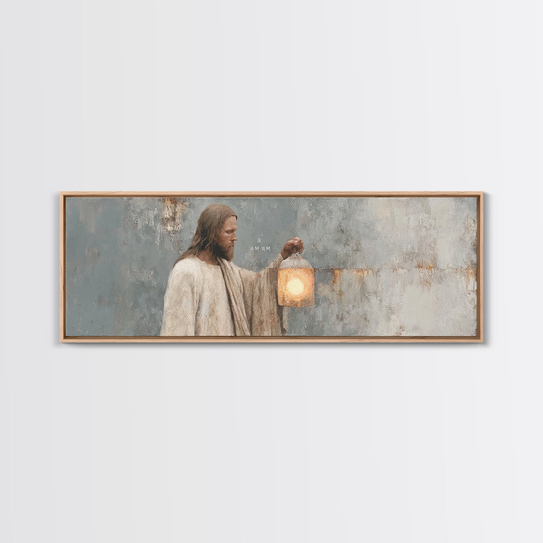 Guiding Lantern Light – Framed Canvas Print – Panoramic Art – Christian Wall Art – Jesus Painting – Christian Art Canvas – Christian Decor