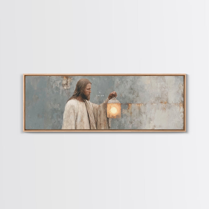 Guiding Lantern Light – Framed Canvas Print – Panoramic Art – Christian Wall Art – Jesus Painting – Christian Art Canvas – Christian Decor