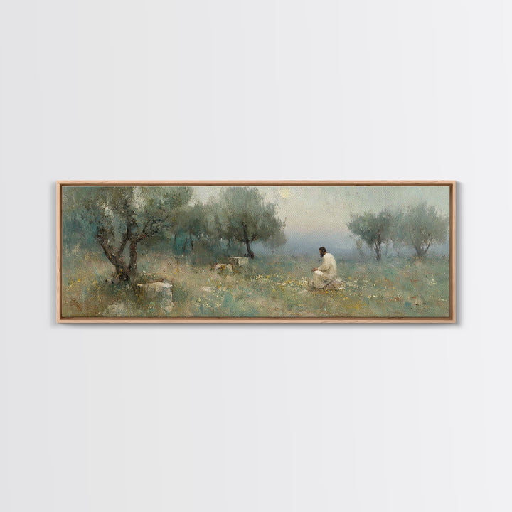 Olive Grove Light – Framed Canvas Print – Jesus Painting – Panoramic Print – Christian Art Canvas – Christian Wall Art – Moody Christian Ar