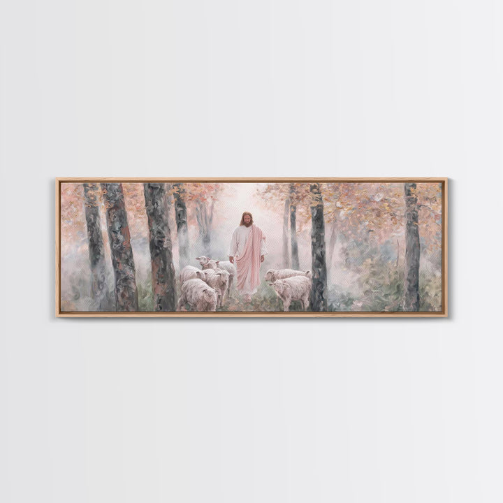 Mist Of The Flock, Framed Canvas Print, Christian Art, Jesus Painting, Panoramic Art, Christian Decor, Christian Gift, Large Christian Art,