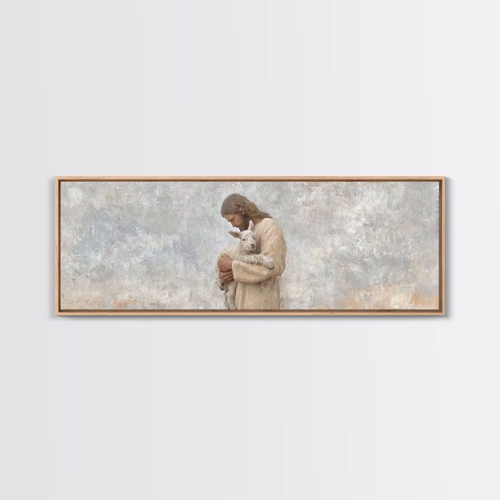 Lamb Of Comfort – Framed Canvas Print – Panoramic Wall Art – Jesus Christmas Art – Christian Art Print – Christmas Canvas Wall Art – Christ