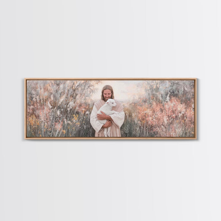 Compassionate Shepherd, Framed Canvas Print, Panoramic Print, Jesus Canvas Art, Christian Wall Art, Christmas Art Prints, Modern Christian
