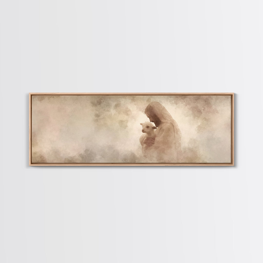 Tender Shepherd Love | Framed Canvas Print | Panoramic Wall Art | Jesus Painting | Christian Art Print | Christian Christmas Art | Modern C