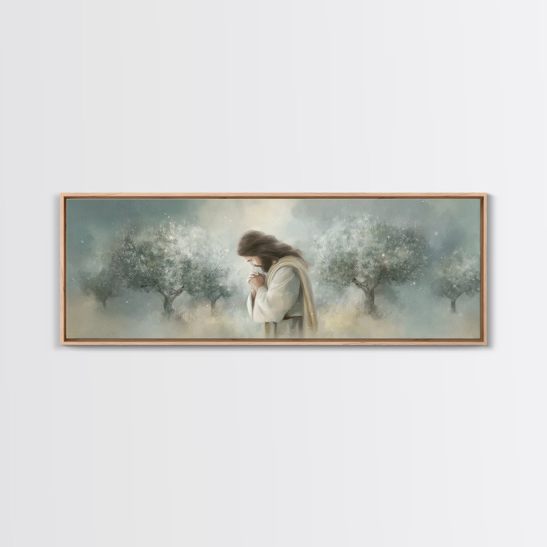Olive Grove Prayer – Framed Canvas Print – Panoramic Painting – Christian Art Canvas – Jesus Painting – Christmas Wall Art – Subtle Christi