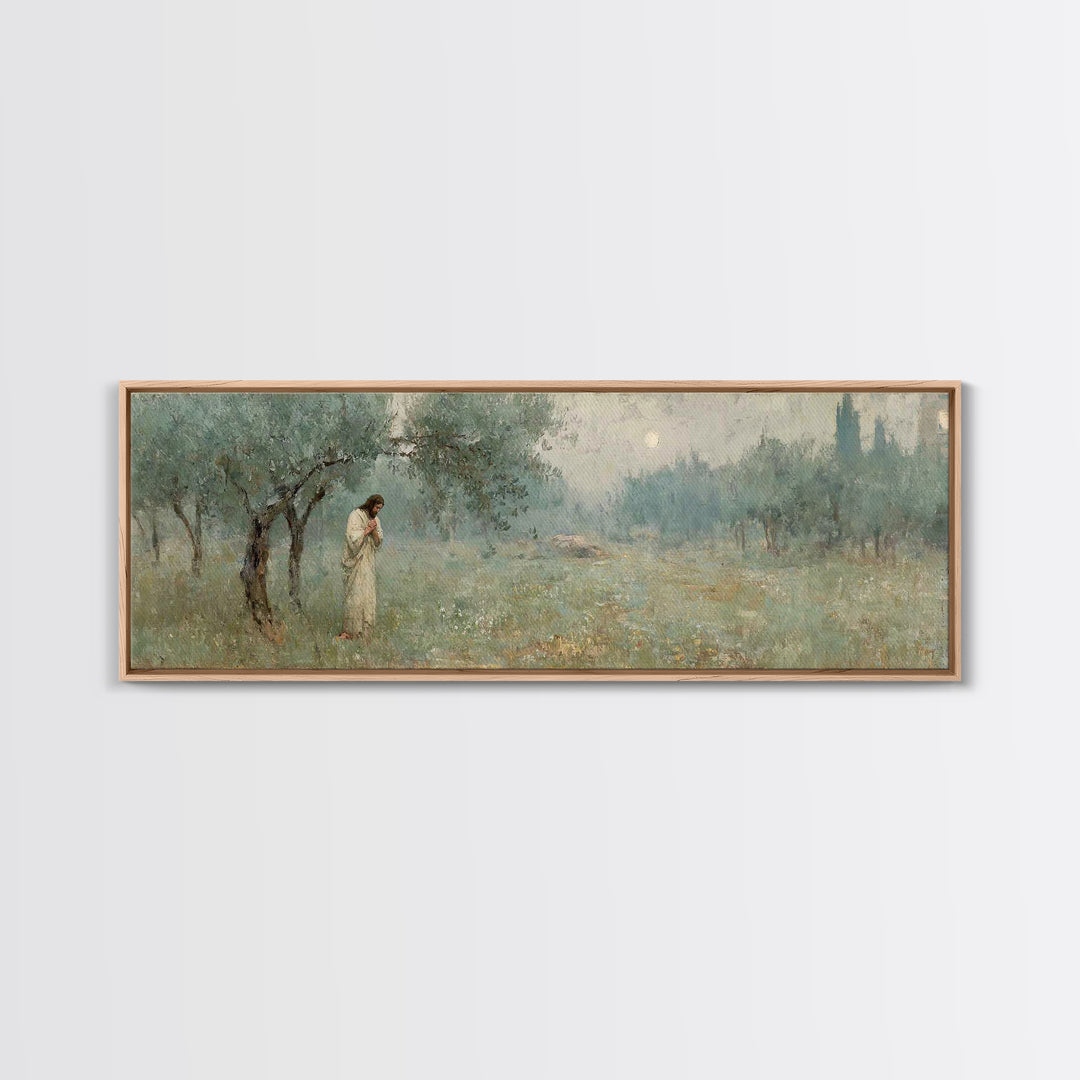 Olive Grove Prayer, Framed Canvas Print, Panoramic Wall Art, Christian Art Canvas, Jesus Painting, Christian Wall Art, Christian Christmas