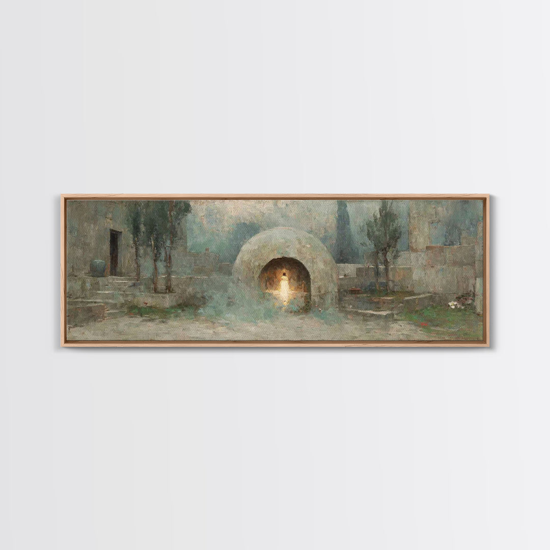 Silent Tombstone Glow, Framed Canvas Print, Panoramic Frame, Christian Art Canvas, Christian Painting, Jesus Wall Art, Christian Christmas