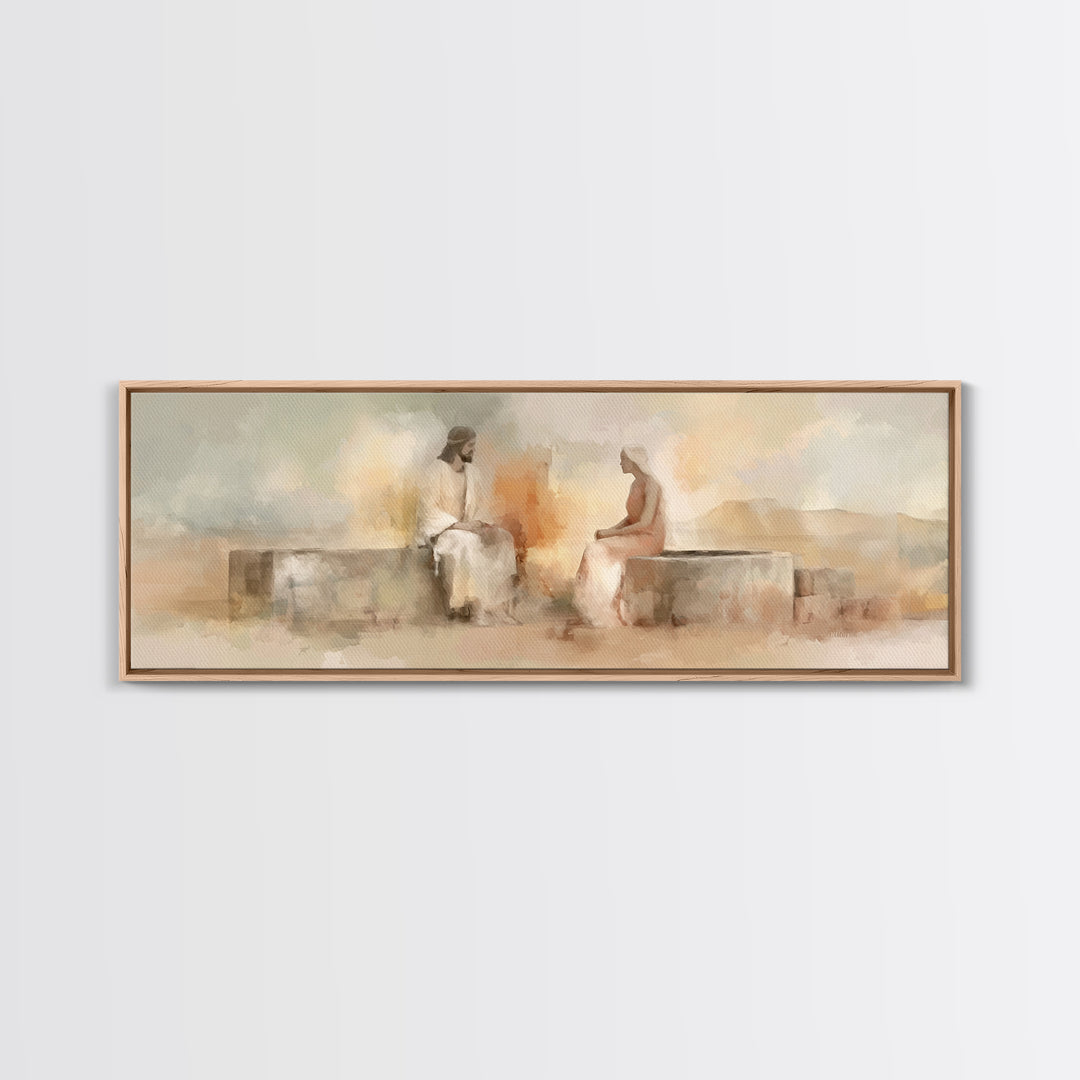 Living Water Meeting | Framed Canvas Print | Panoramic Wall Art | Christian Art Canvas | Christian Painting | Jesus Art Print | Christian D