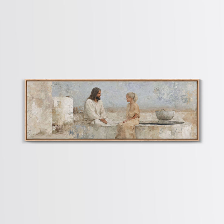 Quiet Well Encounter | Framed Canvas Print | Christian Art Canvas | Jesus Painting | Panoramic Painting | Christian Wall Art | Christian Gi