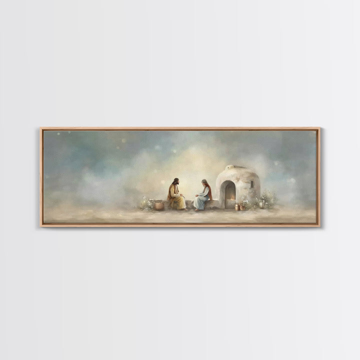 Morning At The Well, Framed Canvas Print, Christian Wall Art, Panoramic Art, Jesus Painting, Christian Decor, Christian Art Print