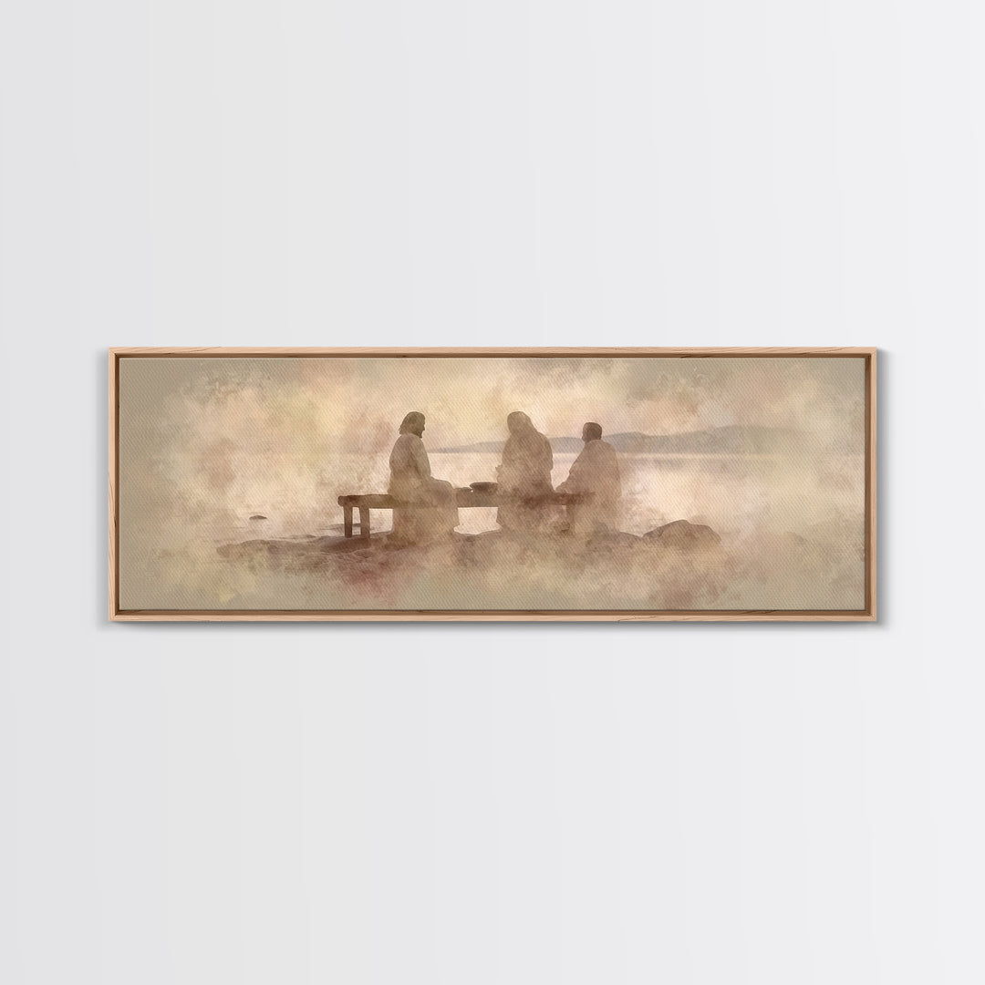 Shoreline Communion, Framed Canvas Print, Christian Wall Art, Christian Art Canvas, Panoramic Art, Jesus Painting, Christian Gift