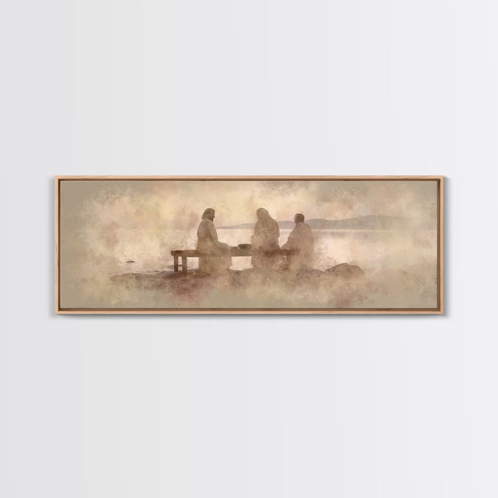 Shoreline Communion, Framed Canvas Print, Christian Wall Art, Christian Art Canvas, Panoramic Art, Jesus Painting, Christian Gift