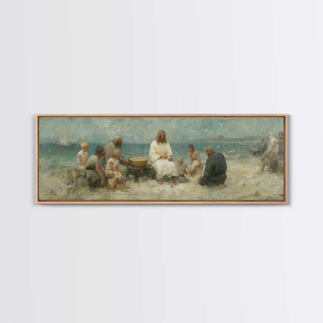 Lakeside Bread Sharing, Framed Canvas Print, Christian Art Canvas, Panoramic Wall Art, Christian Decor, Jesus Painting, Christian Wall Art