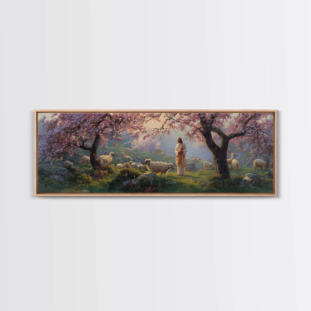 Shepherd Blossom Light, Framed Canvas Print, Panoramic Wall Art, Christian Art Canvas, Jesus Painting, Christian Art, Christian Gift