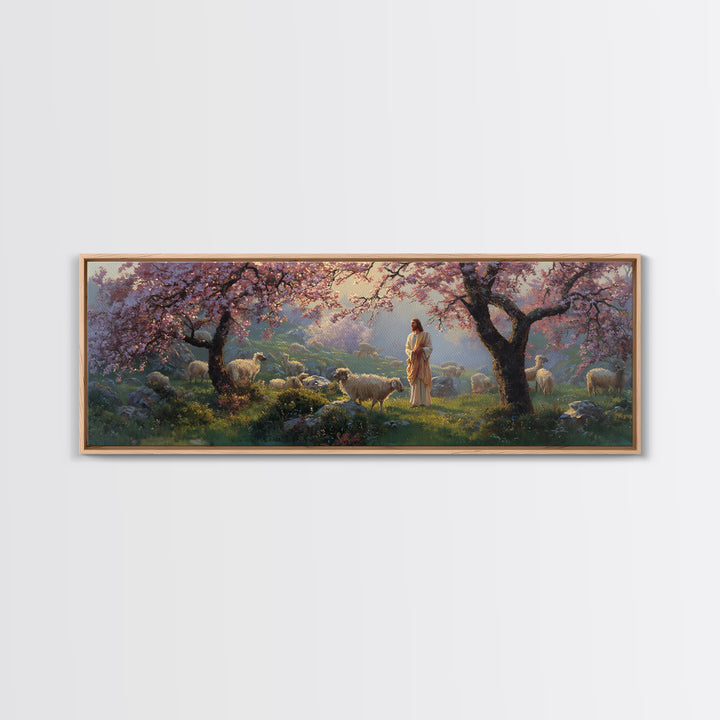 Shepherd Blossom Light, Framed Canvas Print, Panoramic Wall Art, Christian Art Canvas, Jesus Painting, Christian Art, Christian Gift